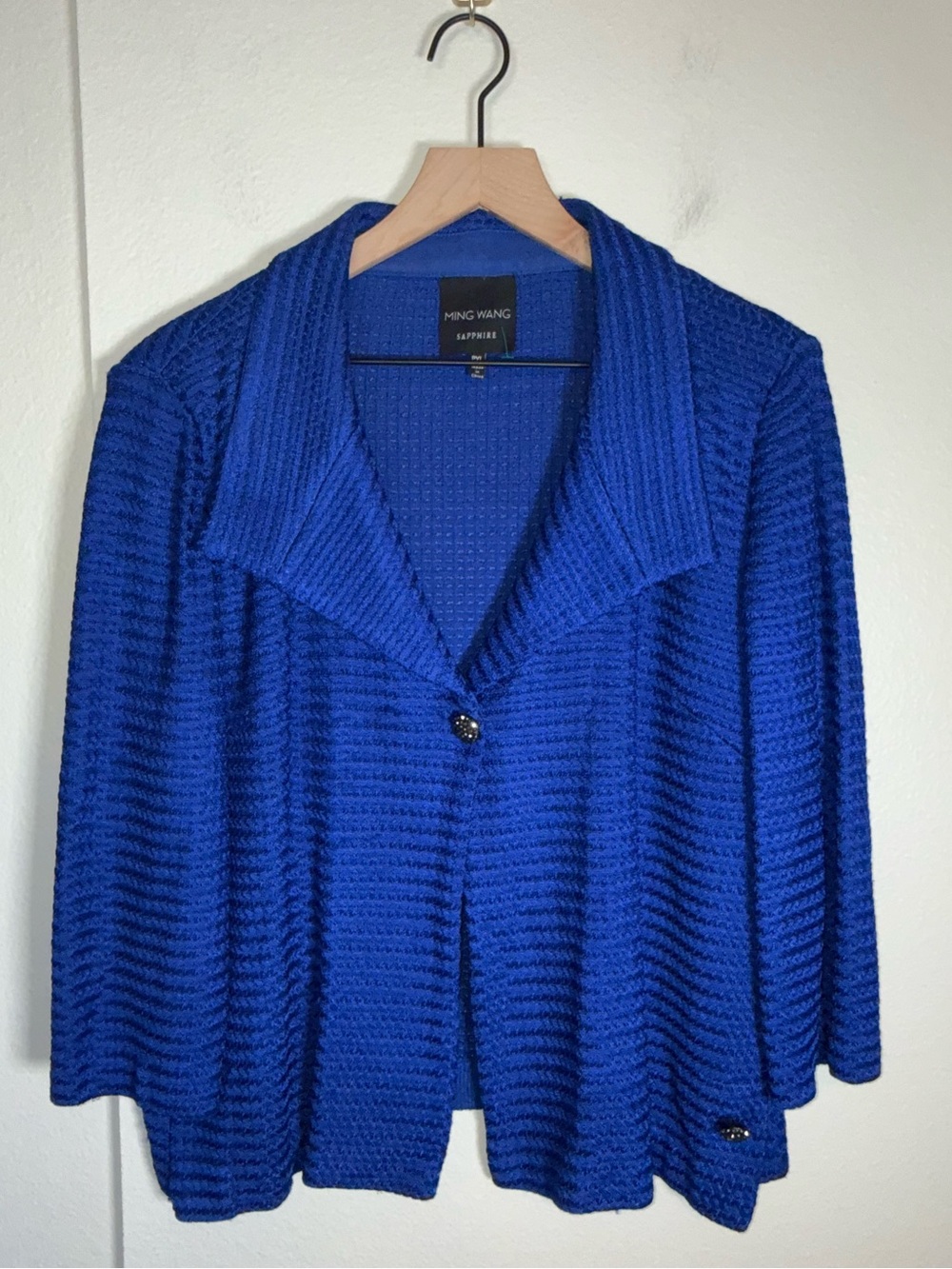 MING WANG Sapphire Large knit single button royal blue classic blazer XL